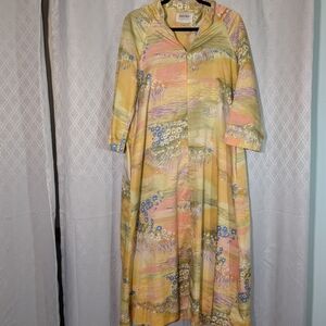 Vintage 1970s Silk Maxi Dress Boho Floral Long Sleeve Yellow